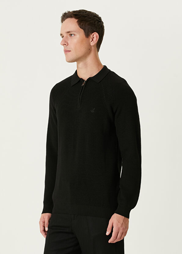 Beymen Club Black Raglan Sleeves Wool Polo Sweater - 4