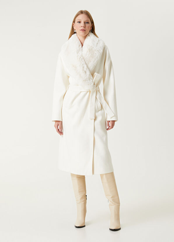 Beymen Club Beyaz Yakası Suni Kürklü Kruvaze Kaşe Palto - 4