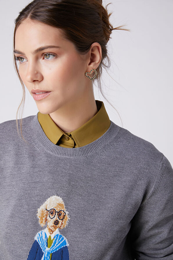 Beymen Club Grey Melange Dog Jacquard Sweater - 2