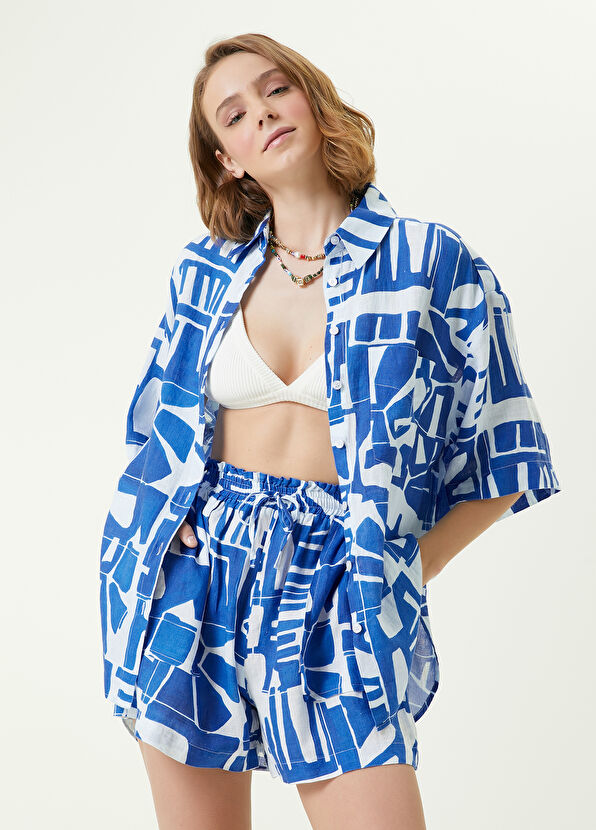 Beymen Club Beyaz Mavi Fayans Desenli Uzun Keten Gömlek - 1