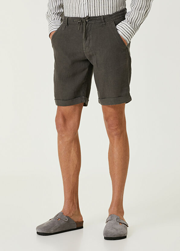 Beymen Club Regular Fit Koyu Haki Beli Kordonlu Keten Şort - 2