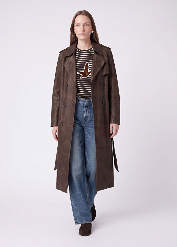 Beymen Club Brown Lightly Distressed Leather Coat - 2
