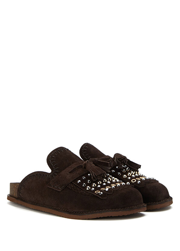 Beymen Club Brown Stud Women's Suede Sabo Slippers - 2