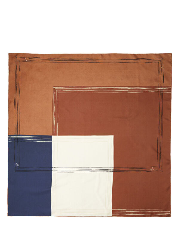 Beymen Club Dark Brown Border Pattern Silk Scarf - 1