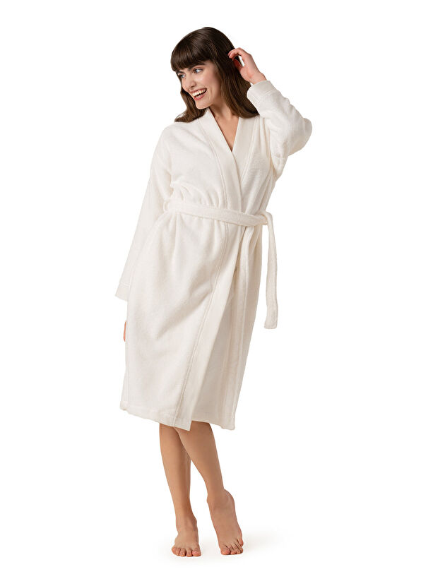 Zsa Zsa Zsu Solid Ekru %100 Pamuk Bordürlü Unisex Bornoz - 1