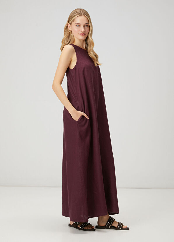 Beymen Club Burgundy A-Line Maxi Linen Dress - 4