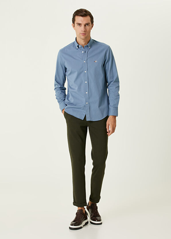 Beymen Club Comfort Fit Blue Gabardine Textured Shirt - 3