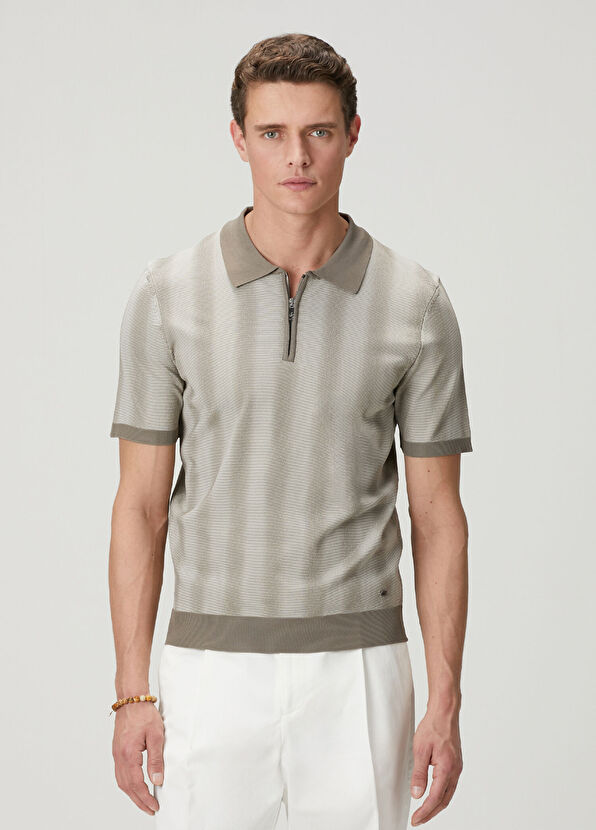 Beymen Club Bej Polo Yaka Dağınık Çizgili Kısa Kollu Triko - 2