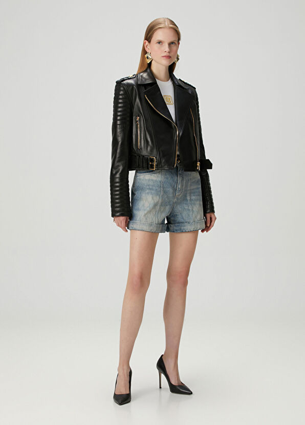 Siyah Crop Deri Ceket - Görsel 4