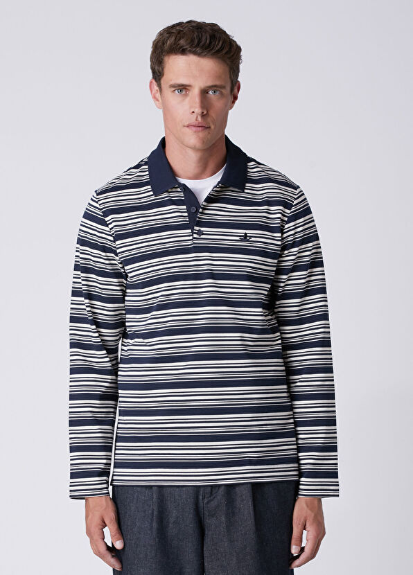 Beymen Club Comfort Fit Navy Blue White Striped Polo Sweatshir - 2