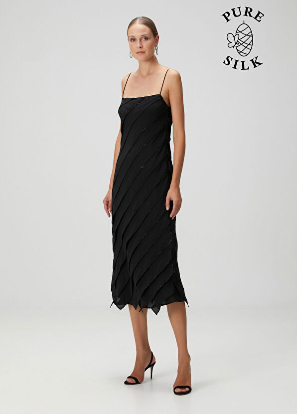 Siyah İşlemeli Midi İpek Kokteyl Elbise - Görsel 2