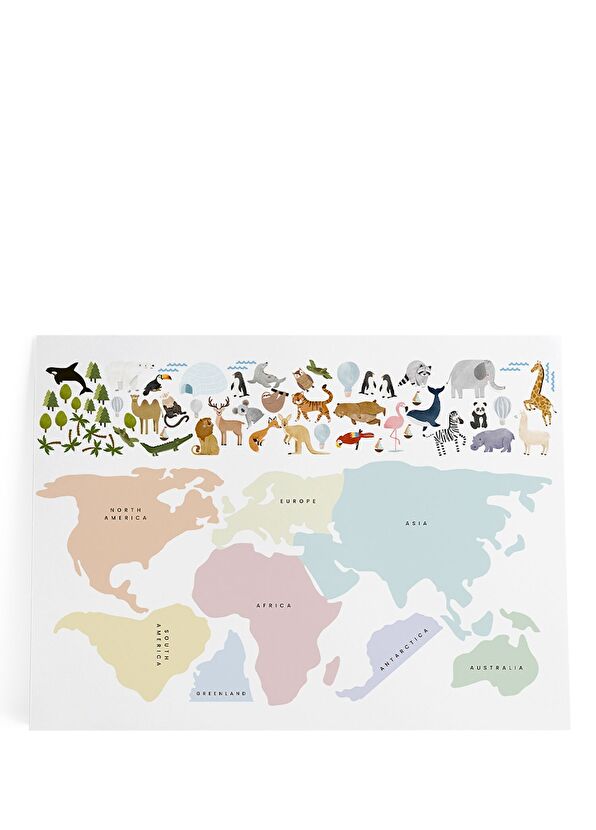 Pop By Gaea Dünya Haritası ve Hayvanlar Renkli XXL Duvar Stickerı - 1