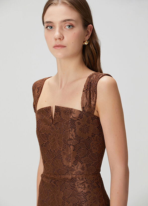 Kahverengi Midi Dantel Kokteyl Elbise - Görsel 3