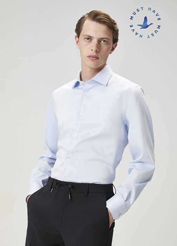 Beymen Club Slim Fit Açık Mavi Armürlü Non-Iron Gömlek - 1