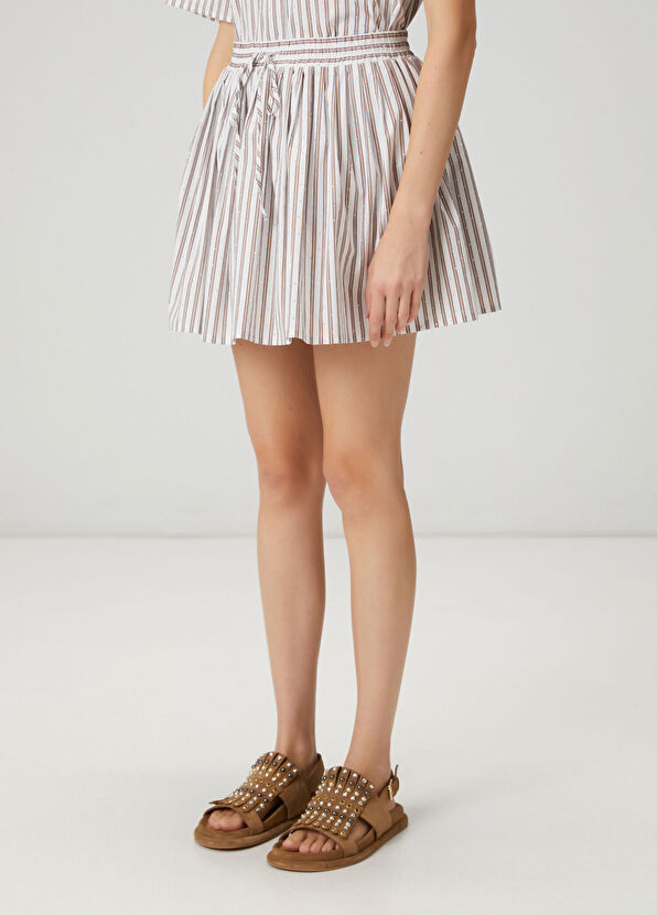 Beymen Club Kahve Beyaz Çizgili Taşlı Mini Etek - 3