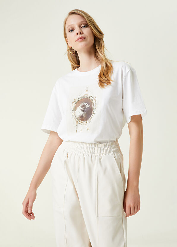 Beymen Club Beyaz Bisiklet Yaka Baskılı T-shirt - 1