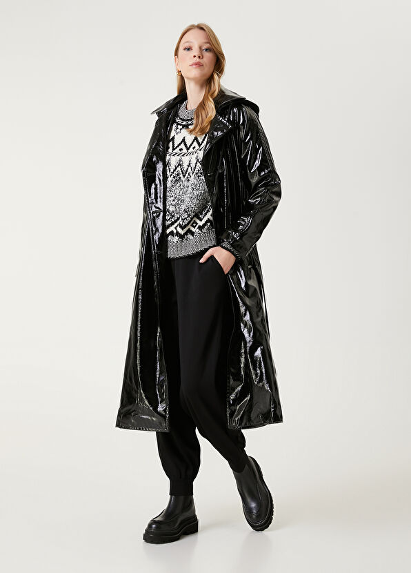 Beymen Club Siyah Jersey Kapüsonlu Rugan Pardösü - 1