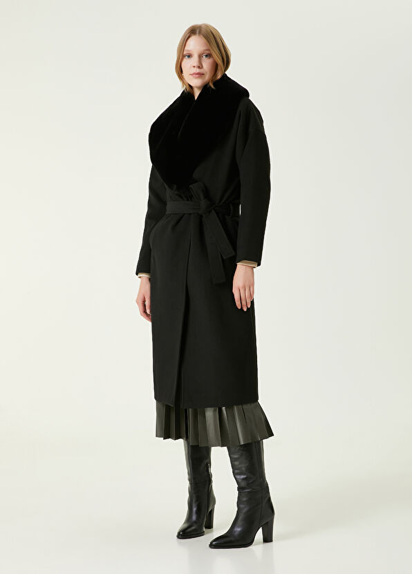 Beymen Club Siyah Suni Kürk Yaka Kruvaze Palto - 3