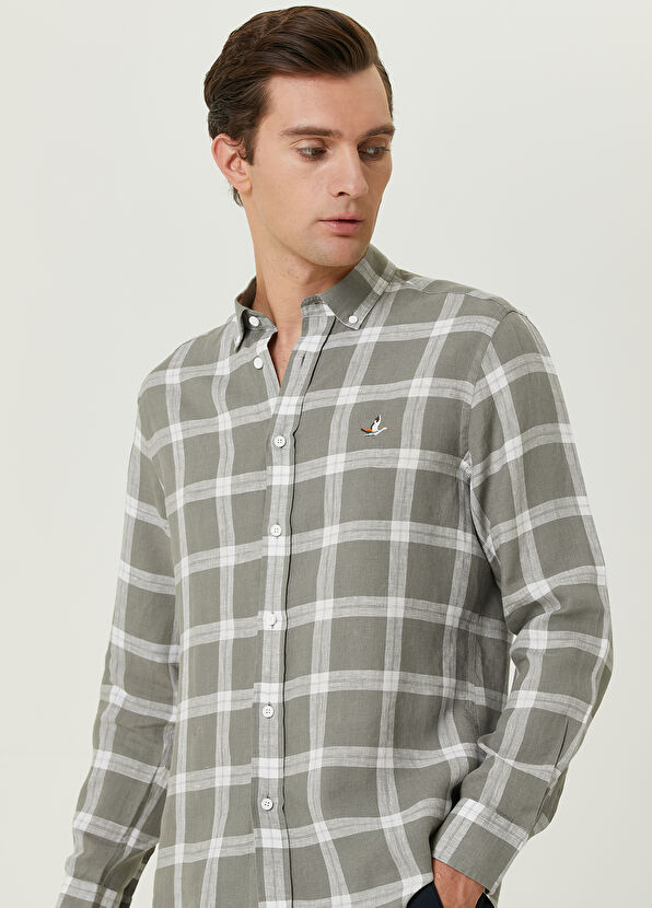 Beymen Club Comfort Fit Light Khaki Square Plaid Linen Shirt - 2