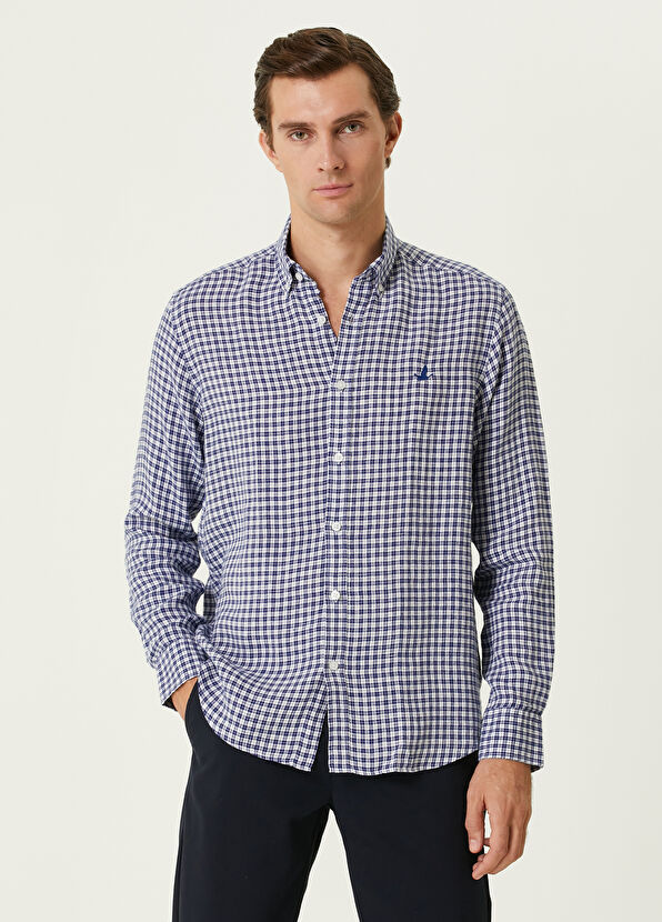 Beymen Club Comfort Fit Lacivert Kareli Keten Gömlek - 1