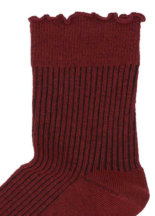Bordo Çizgi Desenli Kadın Soket Çorap - Görsel 3