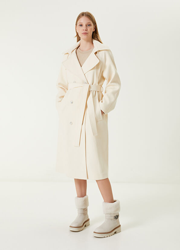 Beymen Club Kırık Beyaz Kapüşonlu Kruvaze Kaşe Pardösü - 4