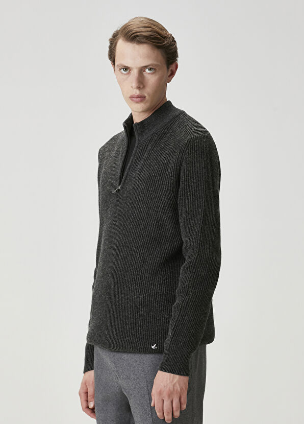 Beymen Club Antrasit Melanj Yakası Fermuarlı Kazak - 4