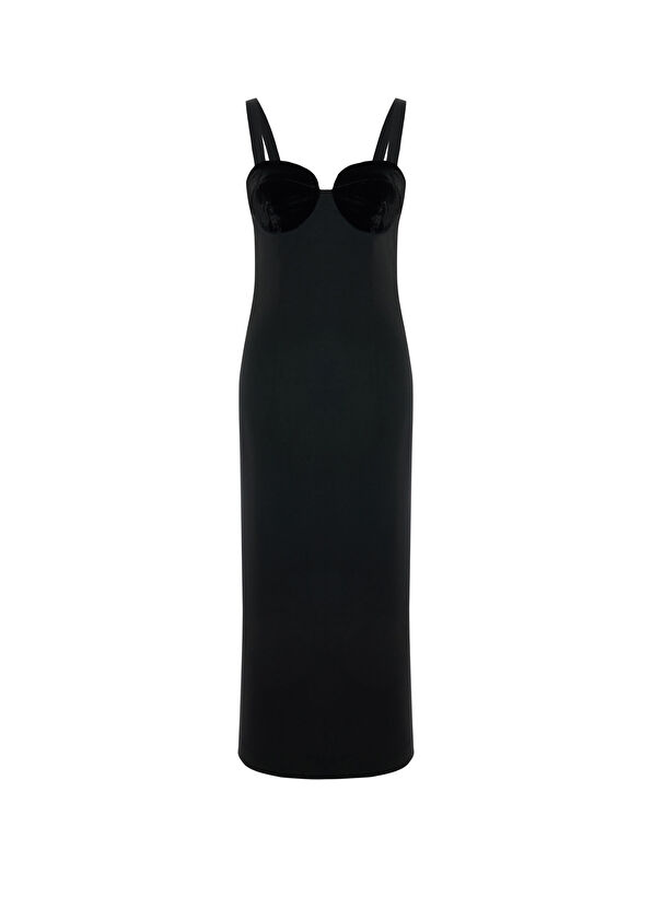 Rawe Soirée Black Wool Silk Velvet Detailed Strappy Women's Long Dress - 1