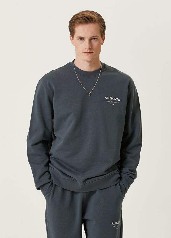 Allsaints Underground Mavi Logolu Oversized Sweatshirt Mavi