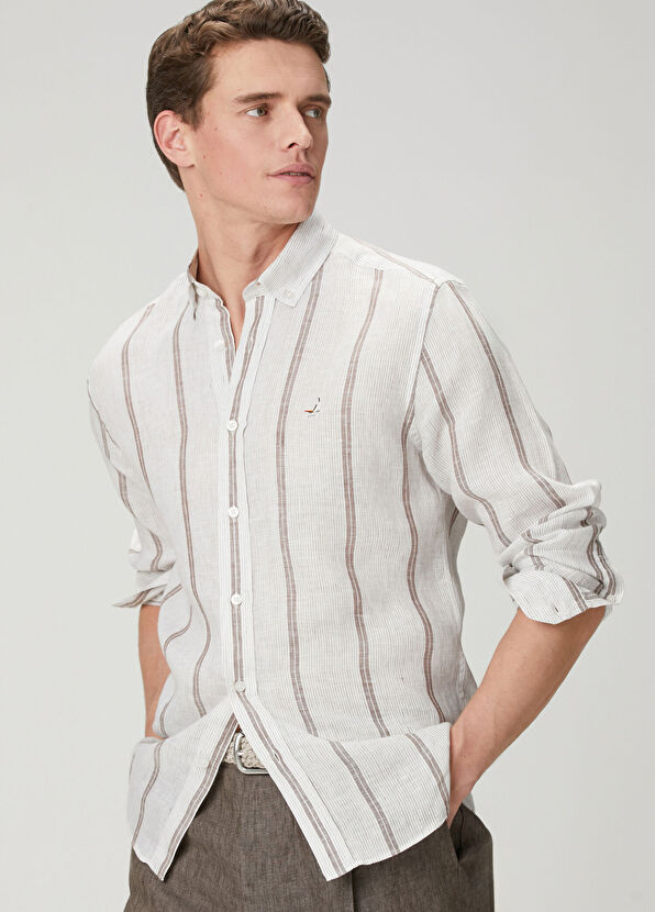 Beymen Club Krem Kahverengi Çizgili Comfort Fit Keten Gömlek - 2