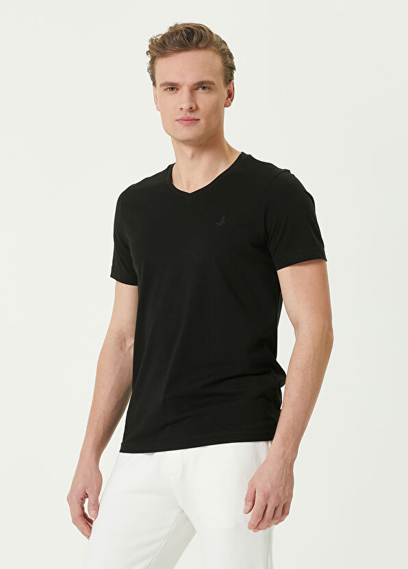 Beymen Club Black V-Neck Basic T-shirt - 2