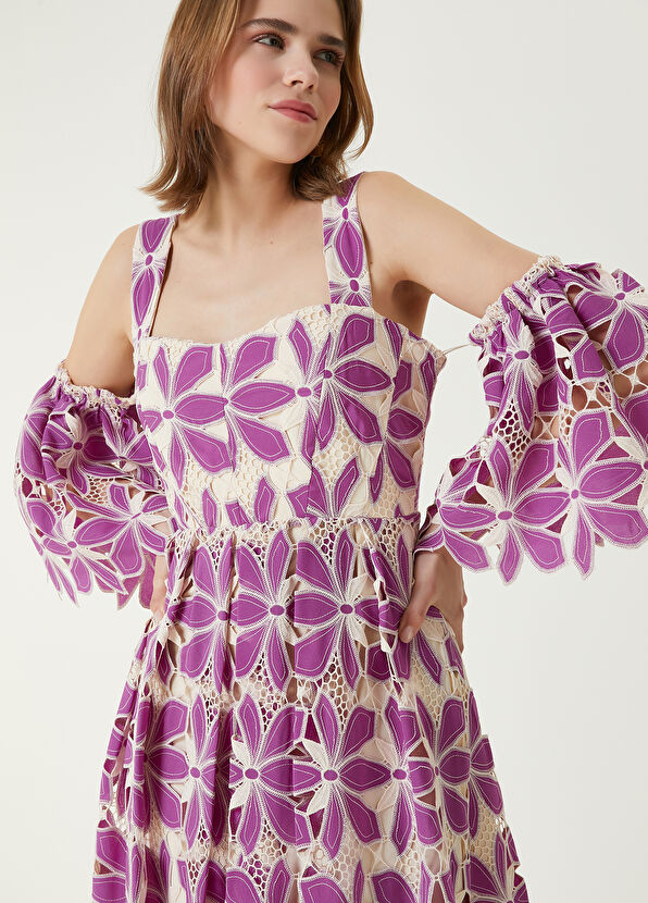 Beymen Club Purple Cream Embroidered Midi Dress - 2