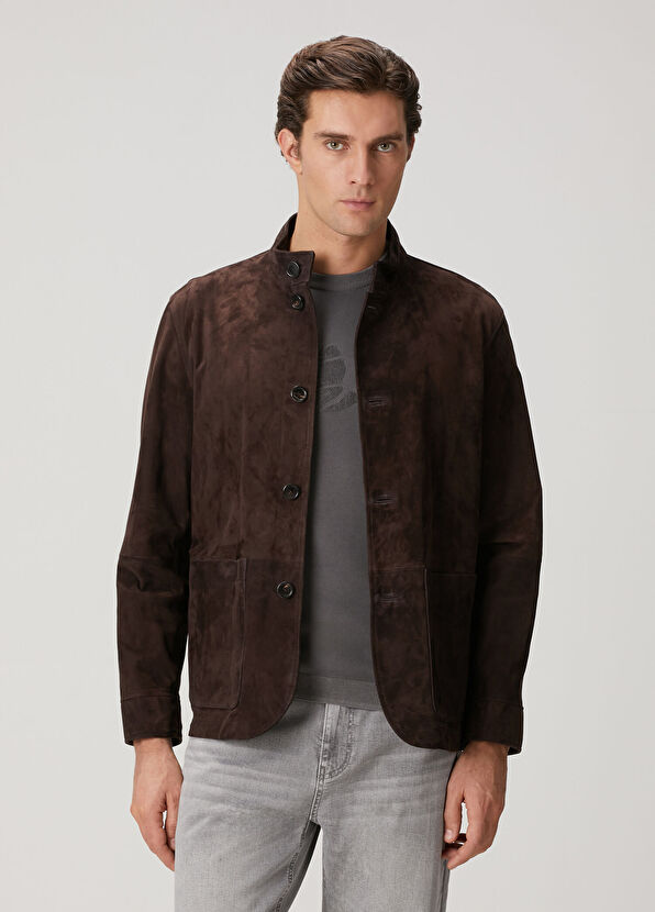 Beymen Club Brown Mandarin Collar Suede Leather Jacket - 1