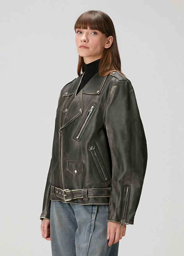 MM6 Maison Margiela Dark Brown Leather Jacket - 1