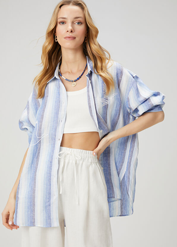 Beymen Club Blue Striped Linen Shirt - 1