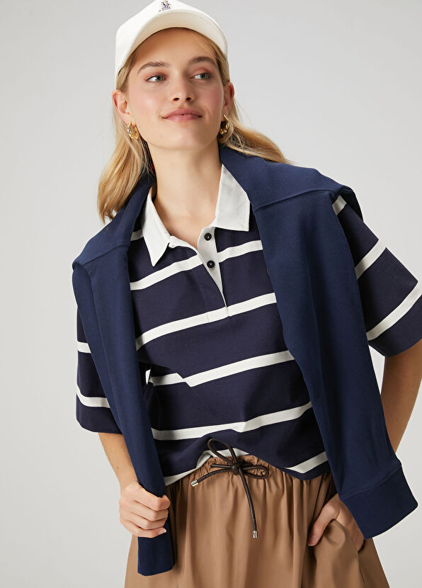 Beymen Club Navy Blue White Striped Polo T-Shirt - 2