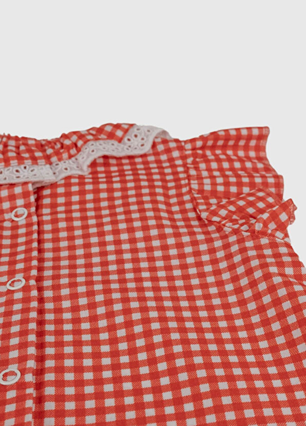 Totzee Kırmızı Beyaz Mini Ekose Fisto Yaka Fırfırlı Kız Bebek Bluz - 4