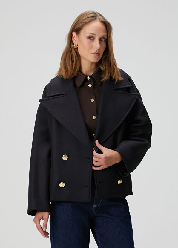 Lacivert Kruvaze Yün Kaban - Görsel 5