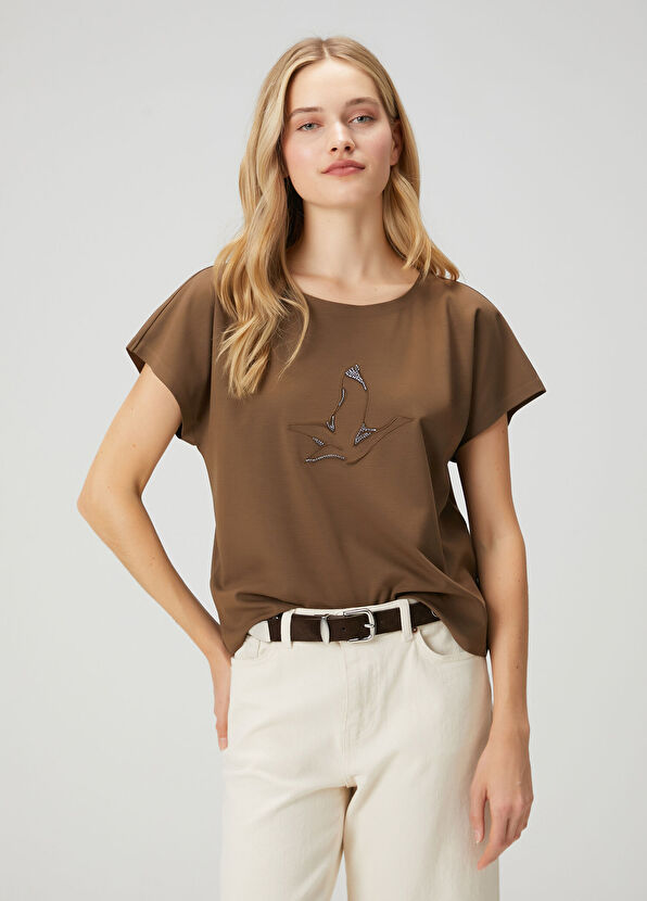 Beymen Club Seamless Dark Khaki Embroidered T-Shirt - 1