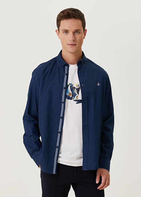 Beymen Club Comfort Fit Koyu Mavi Grogren Detaylı Denim Gömlek - 1