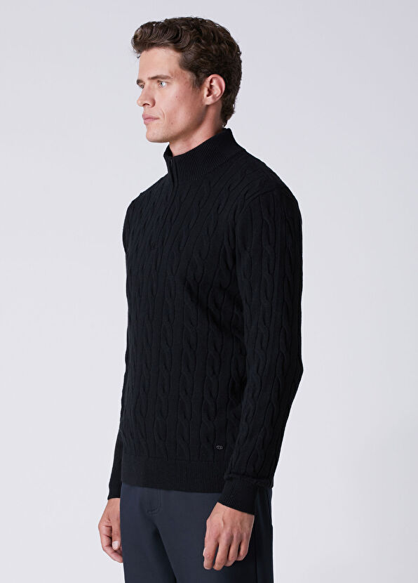 Beymen Club Black Collar Zippered Braid Textured Sweater - 4
