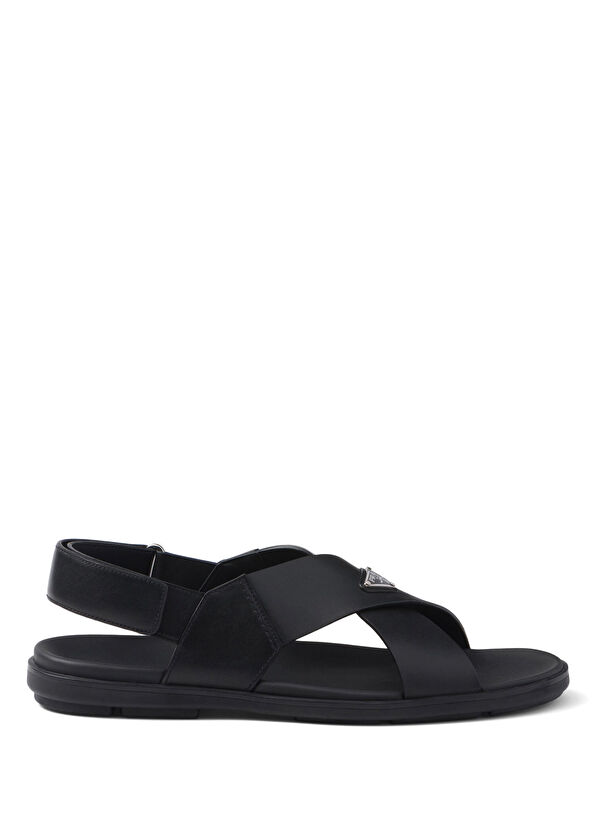 Prada Black Leather Cross Band Men's Slippers Sandals - 1