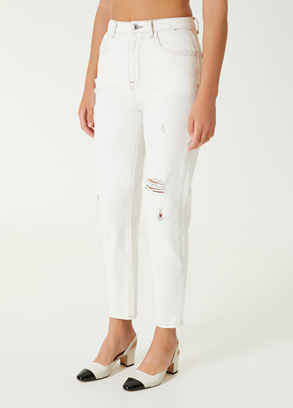 Beymen Club Beyaz Yıpratmalı Jean Pantolon - 4