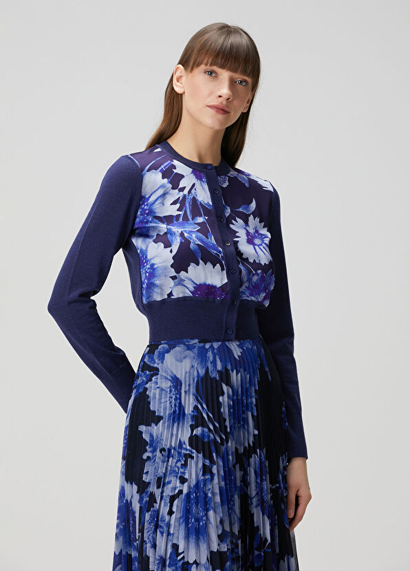 Erdem Mavi Çiçekli Yün Hırka - 1