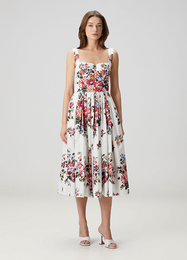 Beyaz Çiçekli Midi Elbise - Görsel 3