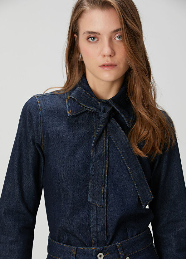 Lacivert Bağlama Detaylı Denim Gömlek - Görsel 5