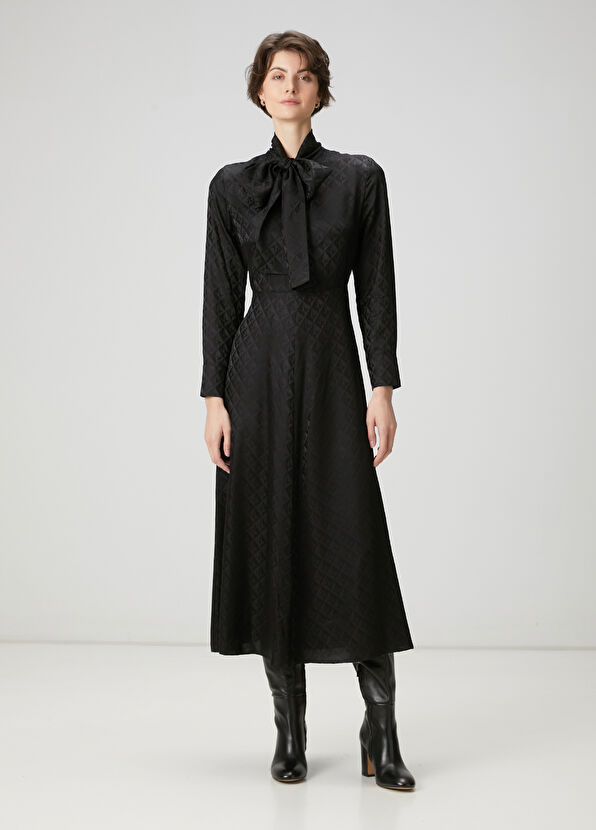 Beymen Club Siyah Logo Jakarlı Midi İpek Elbise - 1