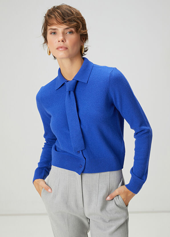 Beymen Club Kobalt Fular Detaylı Yün Polo Hırka - 1