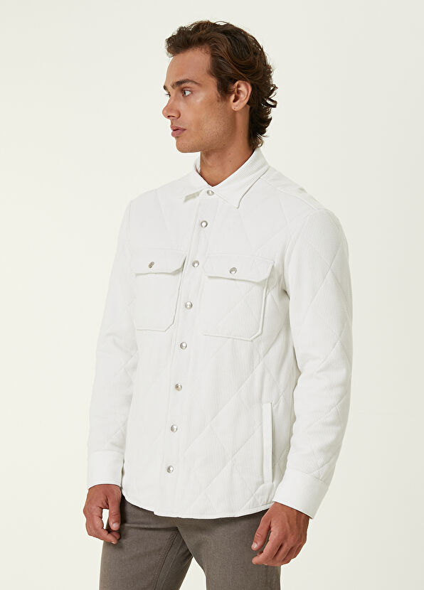 Beymen Club Beyaz Kapüşonlu Kapitoneli Kadife Dış Gömlek - 3