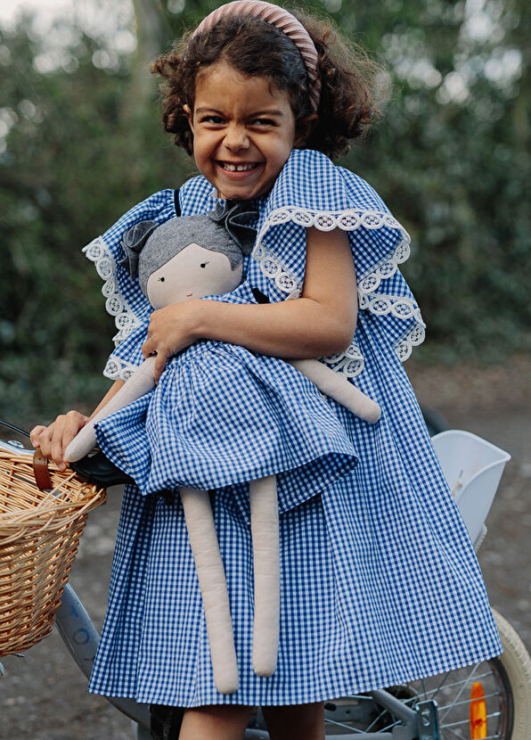 Lullmom Mavi Kareli Fırfırlı Kız Çocuk Elbise - 3